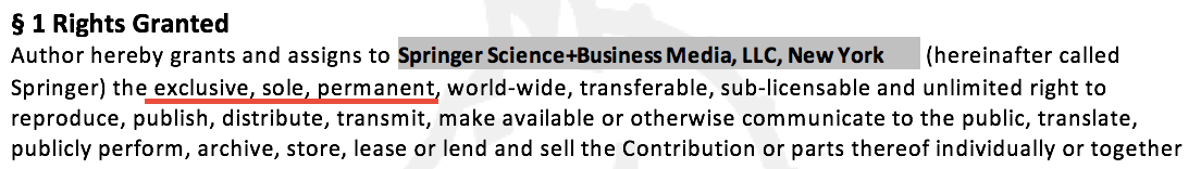 The copyright agreement I was asked to sign. Key phrases of the agreement are underlined in red. Most important is the word exclusive, which implies that the authors (us) lose any rights not explicitly enumerated in the remainder of the agreement.