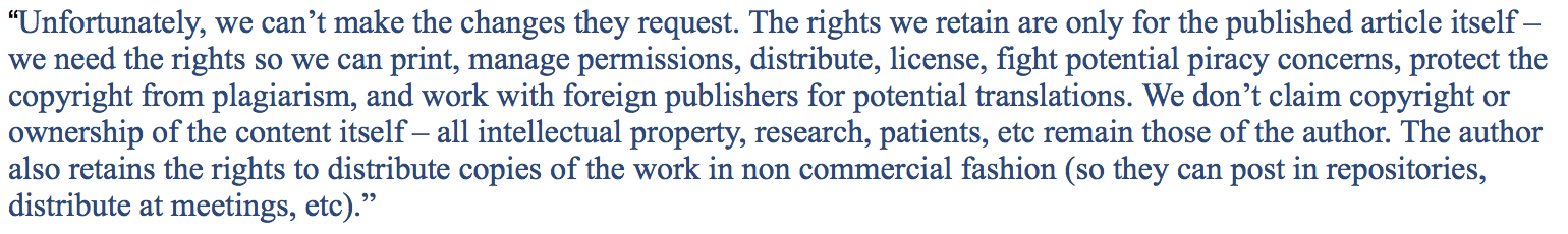Statement by Springer representative. A Springer representative made this statement when I requested a non-exclusive copyright agreement.
