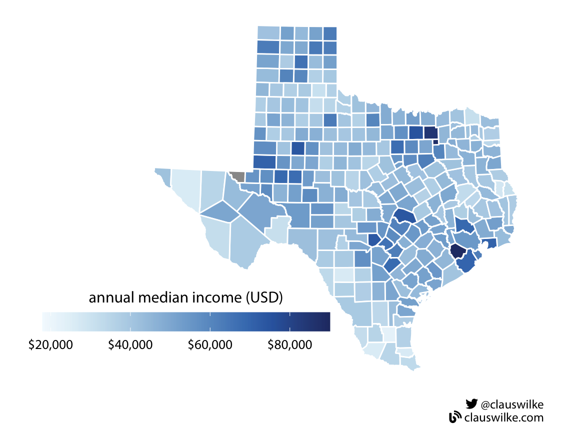 Median annual income in Texas counties. Figure redrawn from: Wilke (2019) Fundamentals of Data Visualization, Chapter 4.