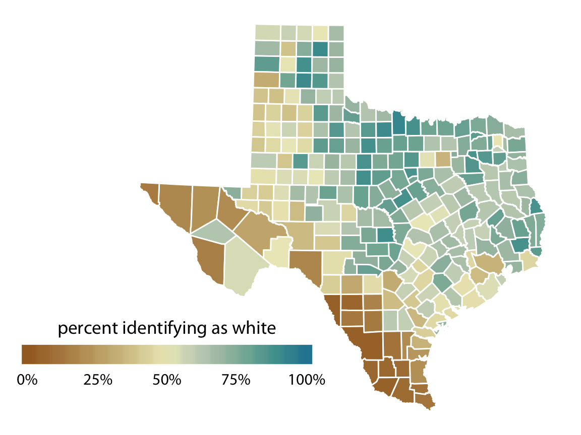 Percentage of people identifying as white in Texas counties. Whites are in the majority in North and East Texas but not in South or West Texas. Data source: 2010 Decennial U.S. Census