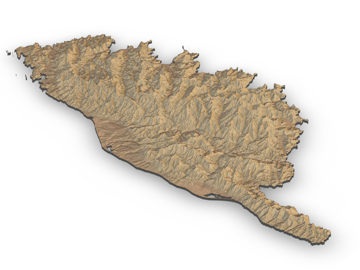 Relief of the Island of Corsica in the Mediterranean Sea. Data source: Copernicus Land Monitoring Service