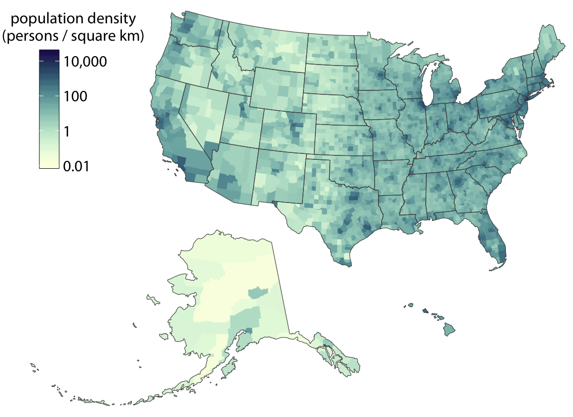 Population density in every U.S. county, shown as a choropleth map. Population density is reported as persons per square kilometer. Data source: 2015 Five-Year American Community Survey