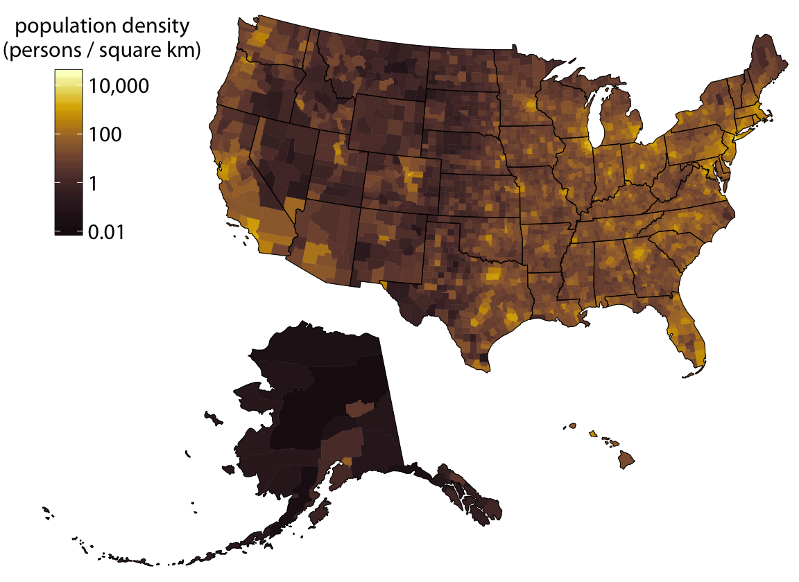 Population density in every U.S. county, shown as a choropleth map. This map is identical to Figure 15.11 except that now the color scale uses light colors for high population densities and dark colors for low population densities. Data source: 2015 Five-Year American Community Survey