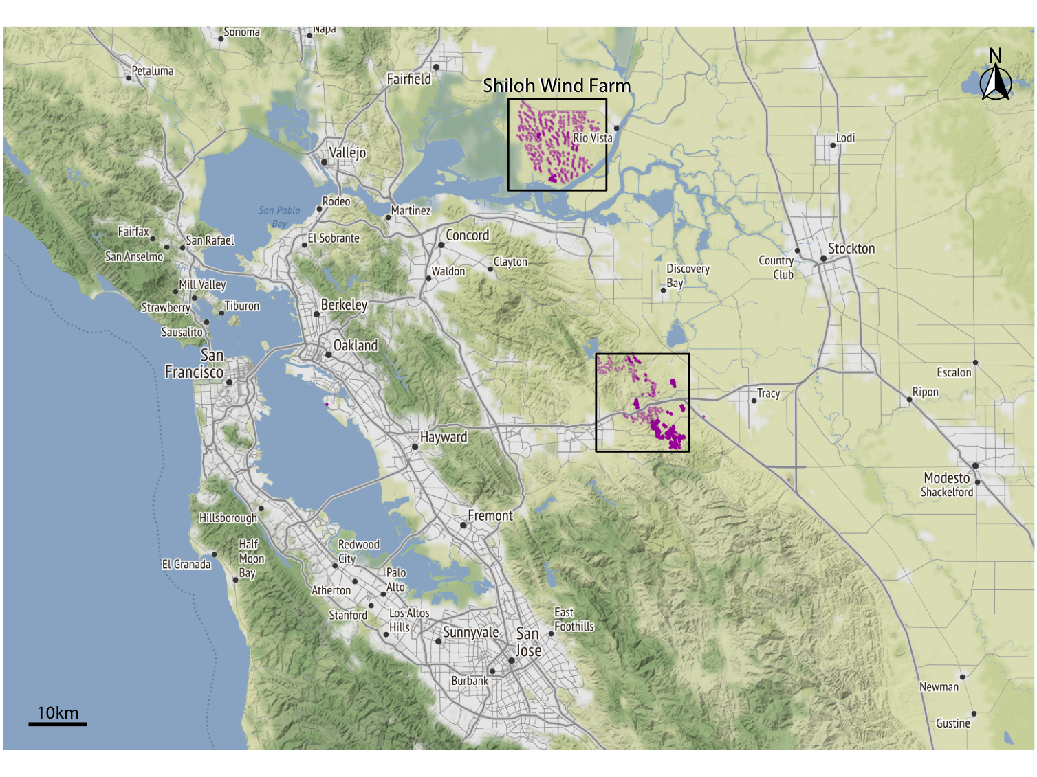 Wind turbines in the San Francisco Bay Area. Individual wind turbines are shown as purple-colored dots. Two regions with a high concentration of wind turbines are highlighted with black rectangles. I refer to the wind turbines near Rio Vista collectively as the Shiloh Wind Farm. Map tiles by Stamen Design, under CC BY 3.0. Map data by OpenStreetMap, under ODbL. Wind turbine data: United States Wind Turbine Database