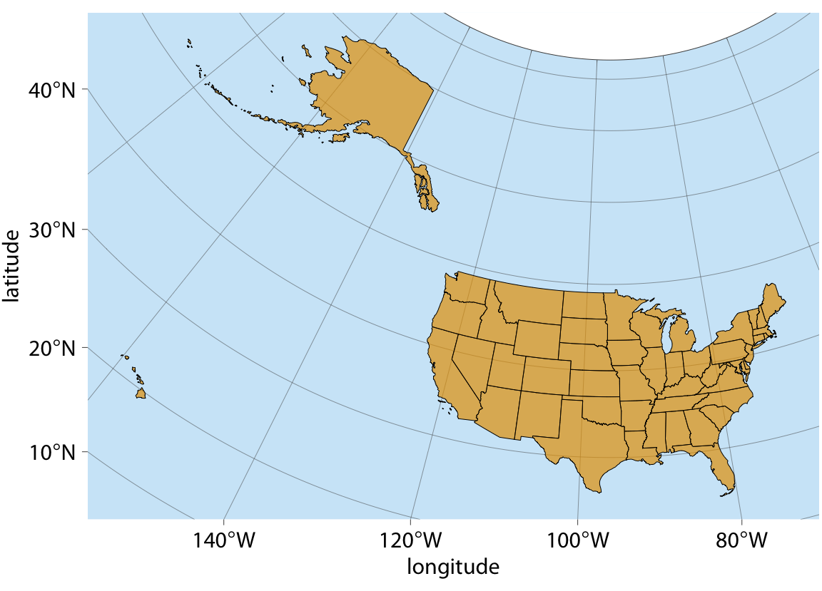 Map of the United States of America, using an area-preserving Albers projection (ESRI:102003, commonly used to project the lower 48 states). Alaska and Hawaii are shown in their true locations.