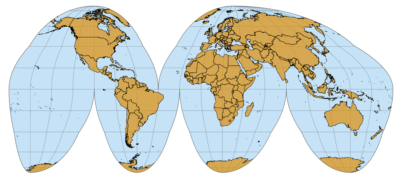 Interrupted Goode homolosine projection of the world. This projection accurately preserves areas while minimizing angular distortions, at the cost of showing oceans and some land masses (Greenland, Antarctica) in a non-contiguous way.