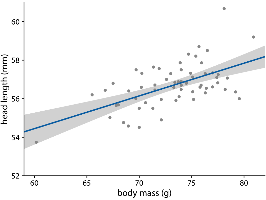 Head length versus body mass for male blue jays, as in Figure 14.7. The straight blue line represents the best linear fit to the data, and the gray band around the line shows the uncertainty in the linear fit. The gray band represents a 95% confidence level. Data source: Keith Tarvin, Oberlin College